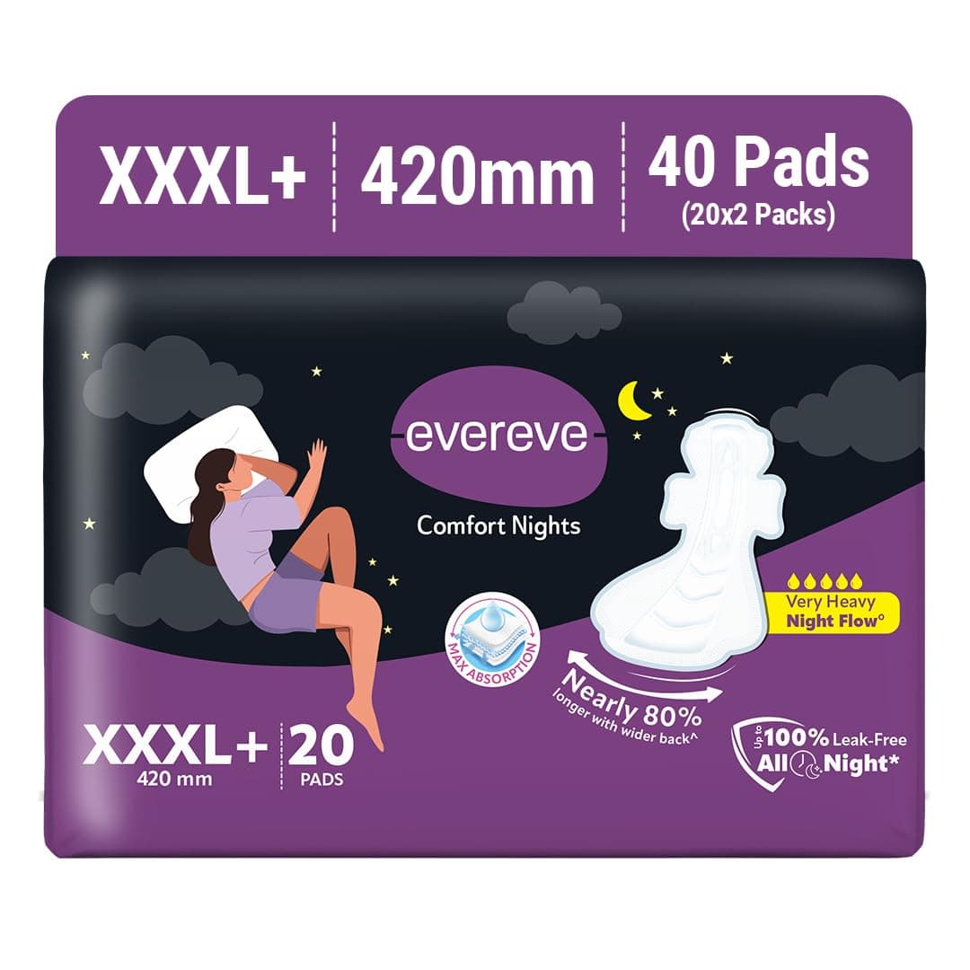 Evereve Comfort Nights Sanitary Pads XXXL+ 420mm, 80% Longer with Wider back For All Night Care, Very Heavy Night Flow Absorption, Up to 100% Leak Protection, Rash-Free Breathable Comfort, Pack of 20x2