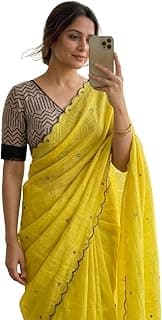 Generic new linen cotton saree with black mirror work