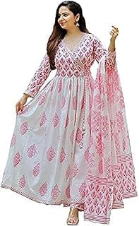 MEERA FAB Women's Cotton Printed White Anarkali Kurta with Palazzo & Dupatta Set