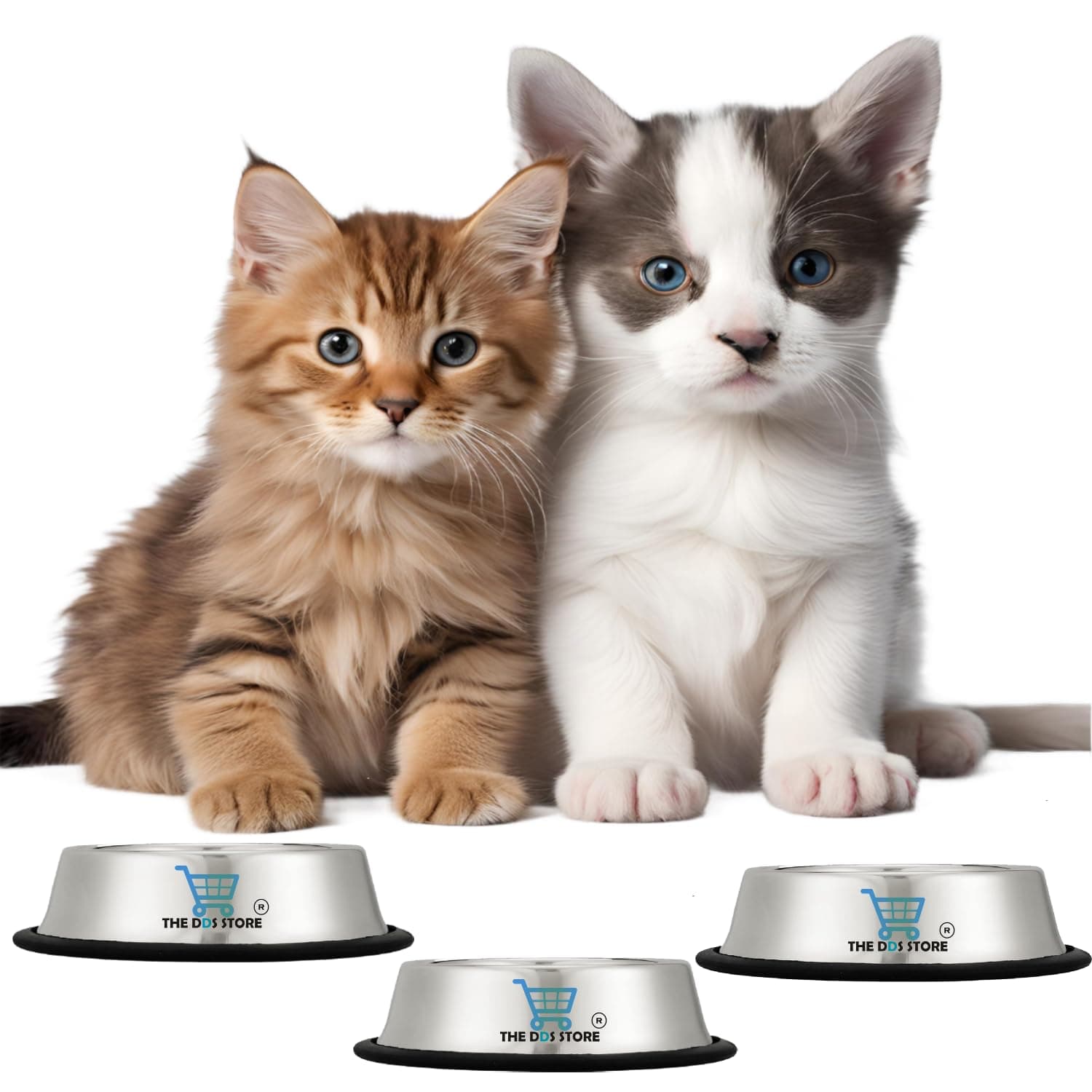 THE DDS STORE Small Dog & Cat Feeding Bowl | Stainless Steel Non-Skid Bottom for Puppies, Kittens, Rabbits 3 x 200 ml