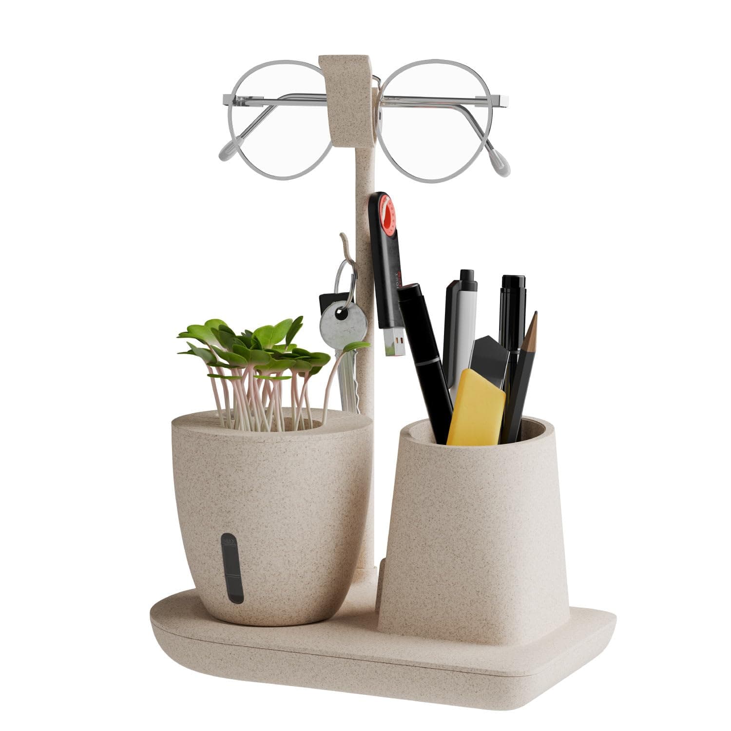 eo Pen Stand for Study Table with Self-Watering Plant Pot, Glasses & Smartphone Holder Made with Rice Husk Desk Organizer & Pencil Holder for Office, Home, Kids, Students, (Desk Station Sustainable)
