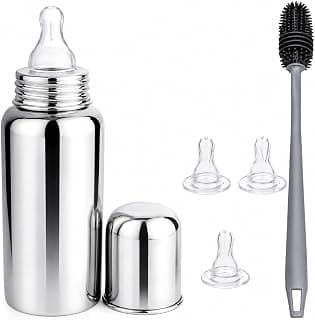 Stainless Steel Baby Feeding Bottle, 250ml, BPA Free, with 3 Silicone Nipples and Cleaning Brush, Anti Colic, for Infants 0-2 Years