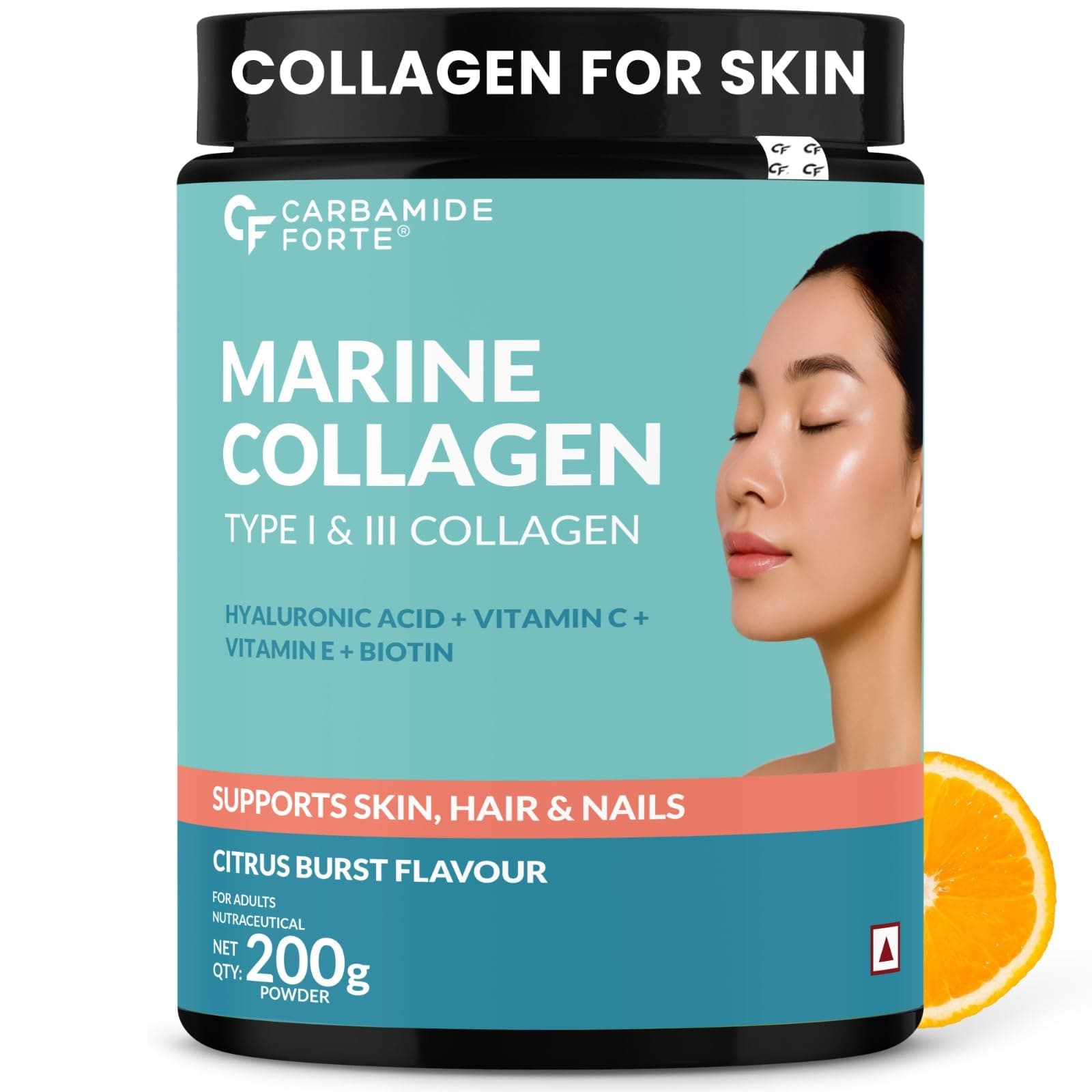 Carbamide Forte Marine Collagen Supplements | Marine Collagen Powder For Women & Men | Type 1 Hydrolyzed Peptides For Skin Health With Biotin, Vitamin C & E | Citrus Burst Flavour - 200g