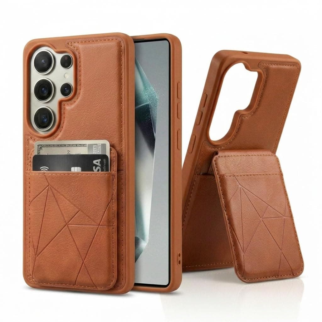 amazon basics Premium Vegan Leather Back Cover with Card Holder and Integrated Mobile Stand for Samsung Galaxy S25 Ultra 5G – Slim Shockproof Wallet Case with Geometric Stitching [Tan]