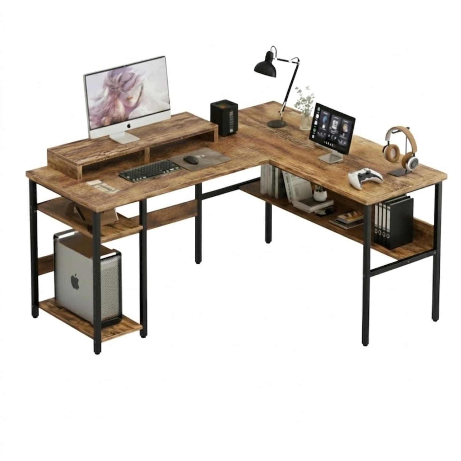 TEKAVO Daino L Shaped Computer Table with CPU Storage | Corner Office Work Desk with bottm Shelf | Office Table for Work | Brown Color