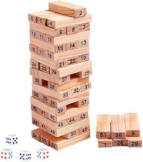 Jambuwala Enterprise Wooden Building Blocks Puzzle Game 54 Pcs Challenging 4pcs Dice Wooden Blocks Stacking Game Maths,Tumbling Tower 54 Pcs with 4 Dices Game for Adults & Kids.