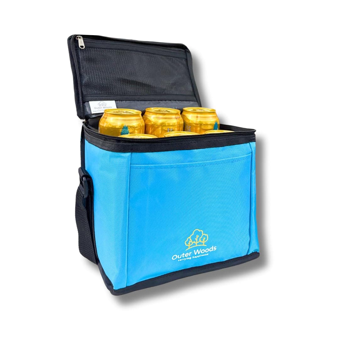 Outer Woods 6 Can Insulated Cooler Bag – Fits 6 x 500ml Beer or Soda Cans | 10 Hr Cold Retention | Ideal for Travel, Picnic, Beach, Camping | 2 Free Ice Gel Packs Included (Sky Blue)