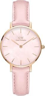 Daniel Wellington Petite Analog Watch for Women with Mother of Pearl Pink Round Dial & Pink Leather Strap Band Water Resistant Women's Wrist Watches - DW00100633K
