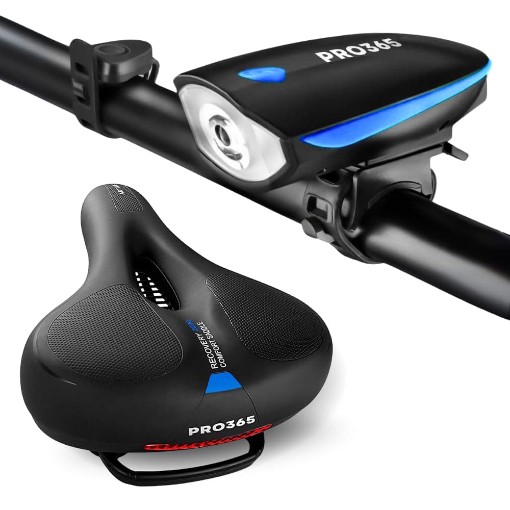 PRO365 Bike Seat Cushion with Memory Foam, Waterproof Cover & Reflective Strip | USB Rechargeable LED Front Light with Loud Bell & 3 Modes | Universal Fit for Bicycles