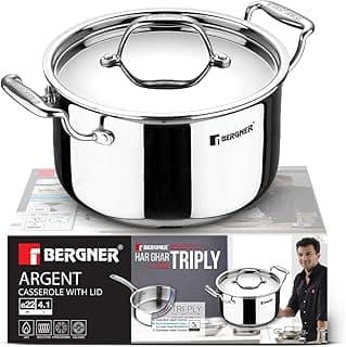 BERGNER Argent Triply Stainless Steel 22cm Casserole with Stainless Steel Lid, 4.1 Liters Casserole, Stay Cool Cast Handle, Less Oil Use, Healthy Cooking, Food Safe Durable - Induction and Gas Ready