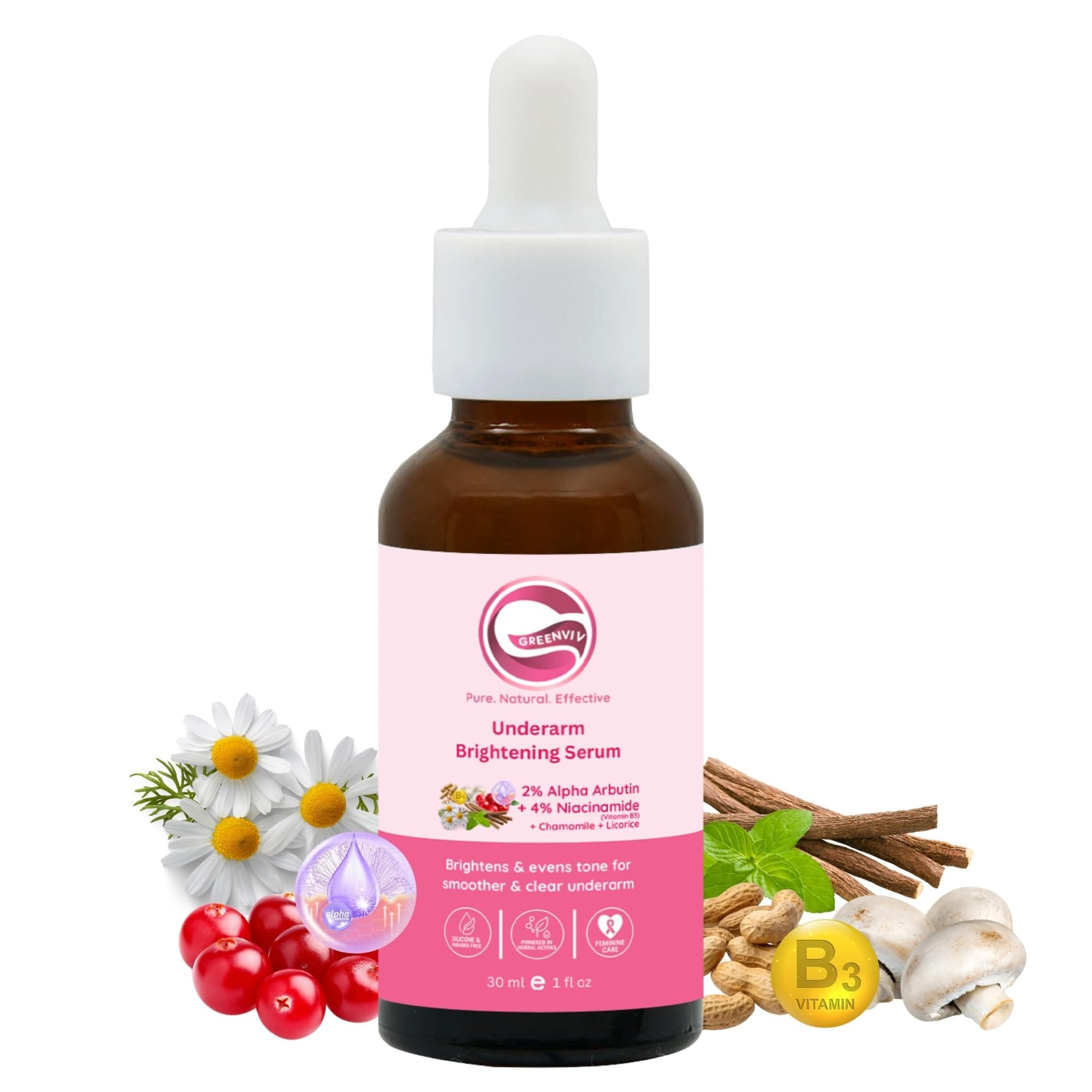 Greenviv Underarm Brightening Serum for Dark Underarms & Pigmentation, Reduces Dark Patches & Evens Skin Tone with Niacinamide, Alpha Arbutin, Chamomile & Licorice | 30 ml