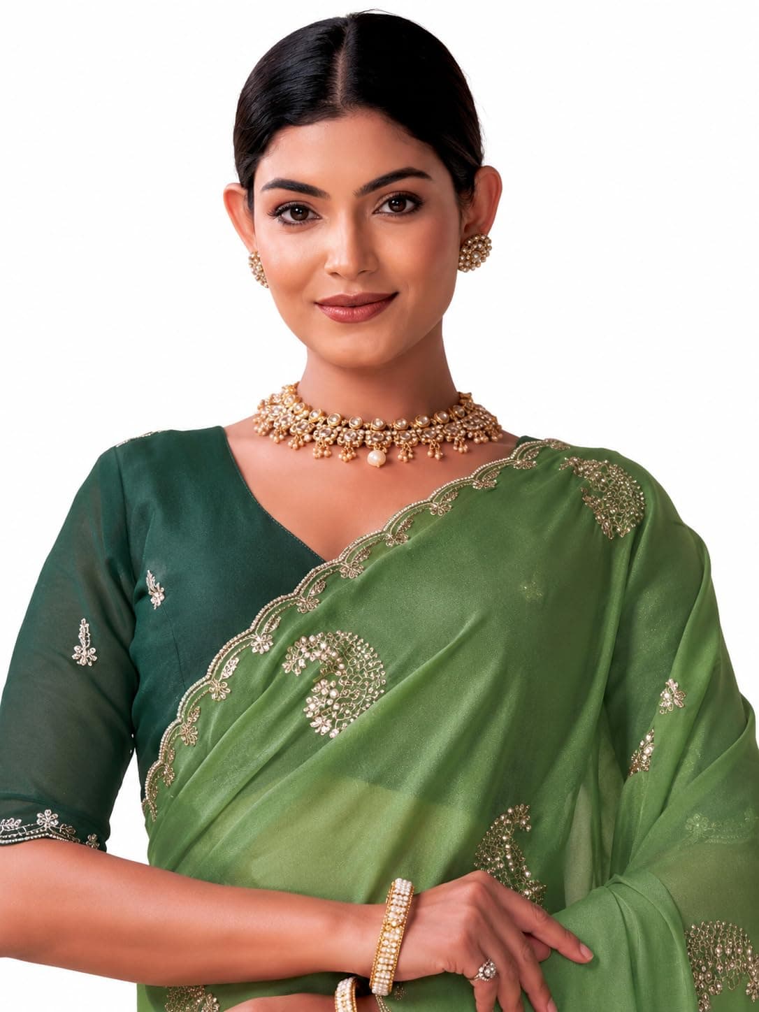 Kryone Collection Women’s Designer Georgette Party Saree With Heavy Embroidery Border & Unstitched Blouse Piece For Wedding, Festival & Reception
