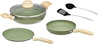 Amazon Basics Granite Finish Non Stick 5 Pcs Induction Base Cookware Set- Granite Finish Olive Green (24cm Fry Pan, 24 cm Kadai, 28cm Tawa and 2 Nylon Spatulas)