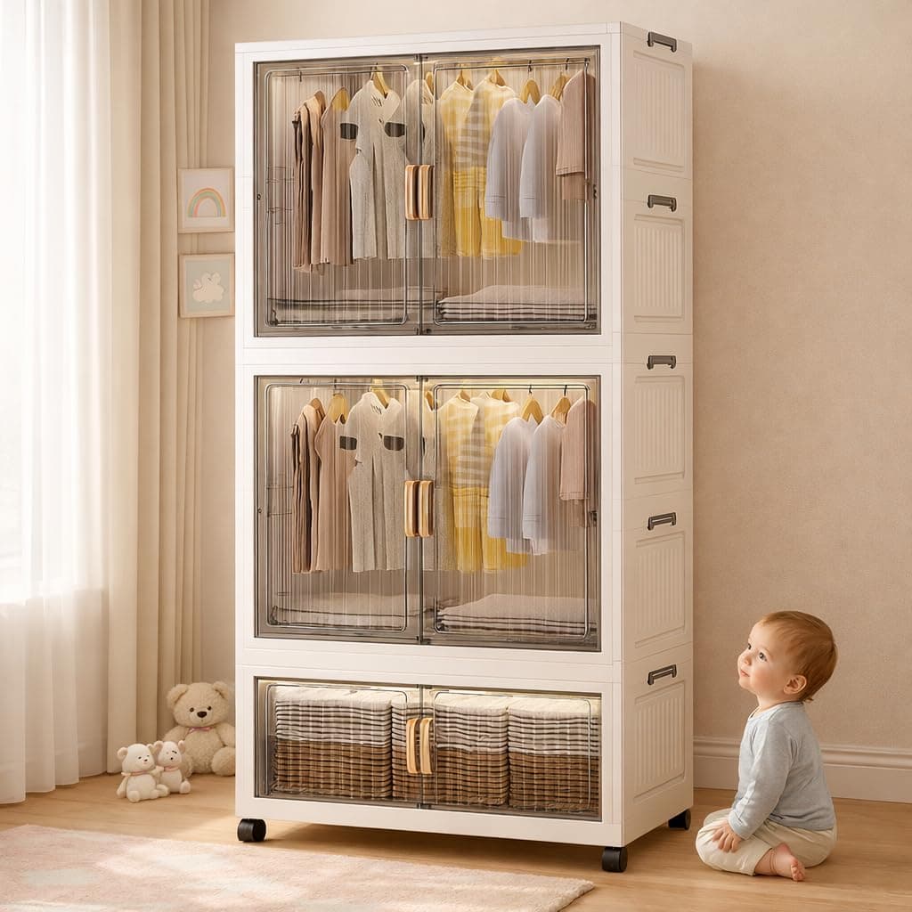 Mevigo Door Plastic Wardrobe for Kids| Almirah and Wardrobe for Baby Clothes| Modular Storage Cabinet with Wheel Organizer for Cupboard Rack for Clothes/Shoes/Books/Toy (Shine White-721, 3- Door)