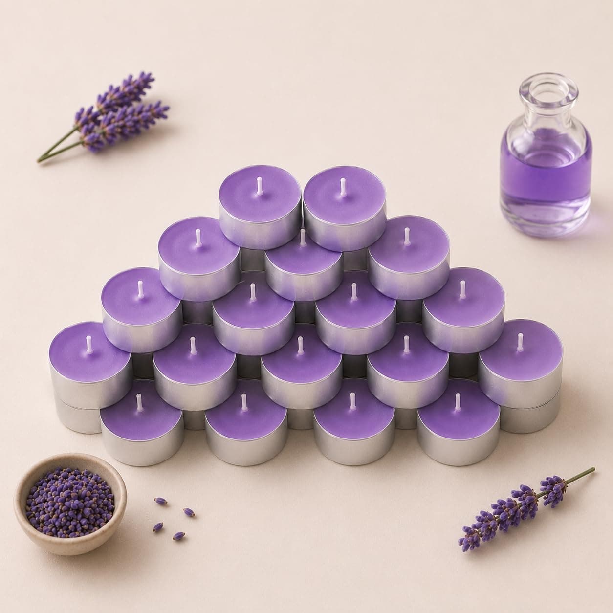 Goyoham | Pack of 24, Premium Scented Coloured Tealights | Lavender Fragrance | Purple Colour | 3 hr Burn time