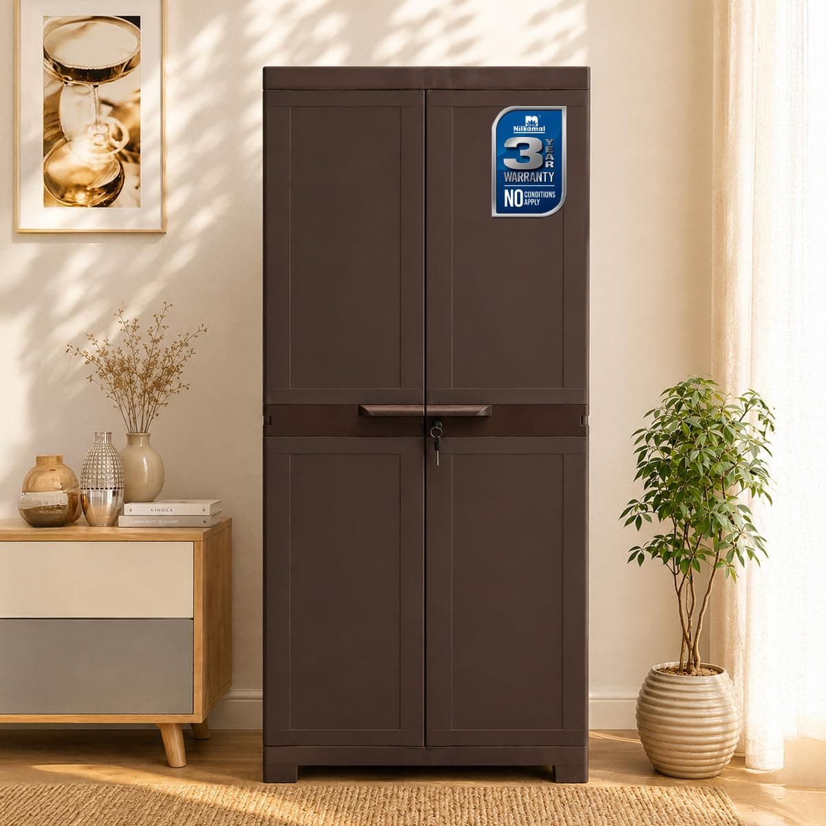 Nilkamal Freedom Big FMM Plastic Cabinet | 3-Year Warranty | 4-Shelf Storage Cupboard with Doors | Multi Organizer for Home, Wardrobe | Clothes Rack, Shelves, Almirah (Dark Brown)