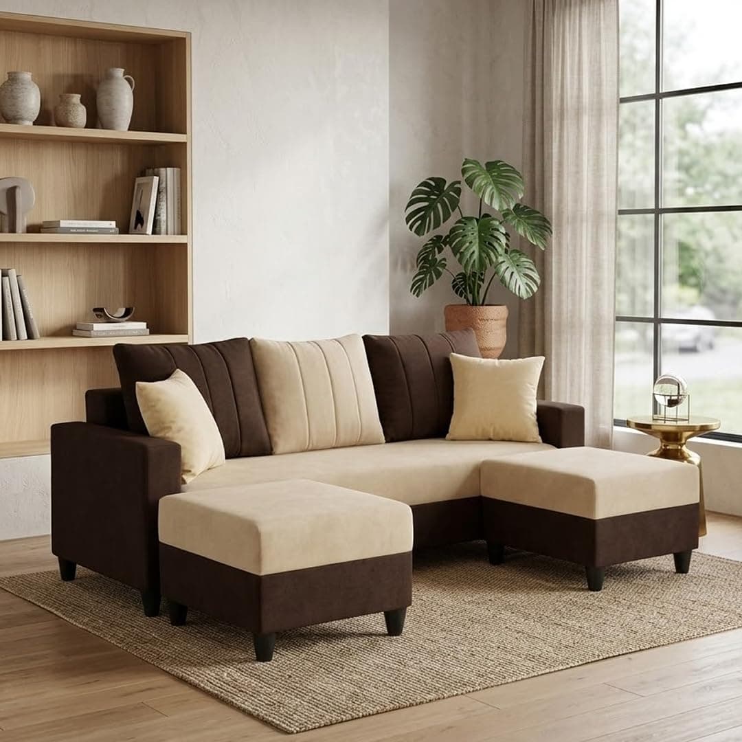 CASASTYLE Convon 5 Seater L Shape Sofa Set with 2 Movable Ottoman | Flexible Left or Right Layout | Cozy Velvet Fabric | Soft Touch Seating | Modern Designer Sofa for Living Room (Dark Brown-Cream)
