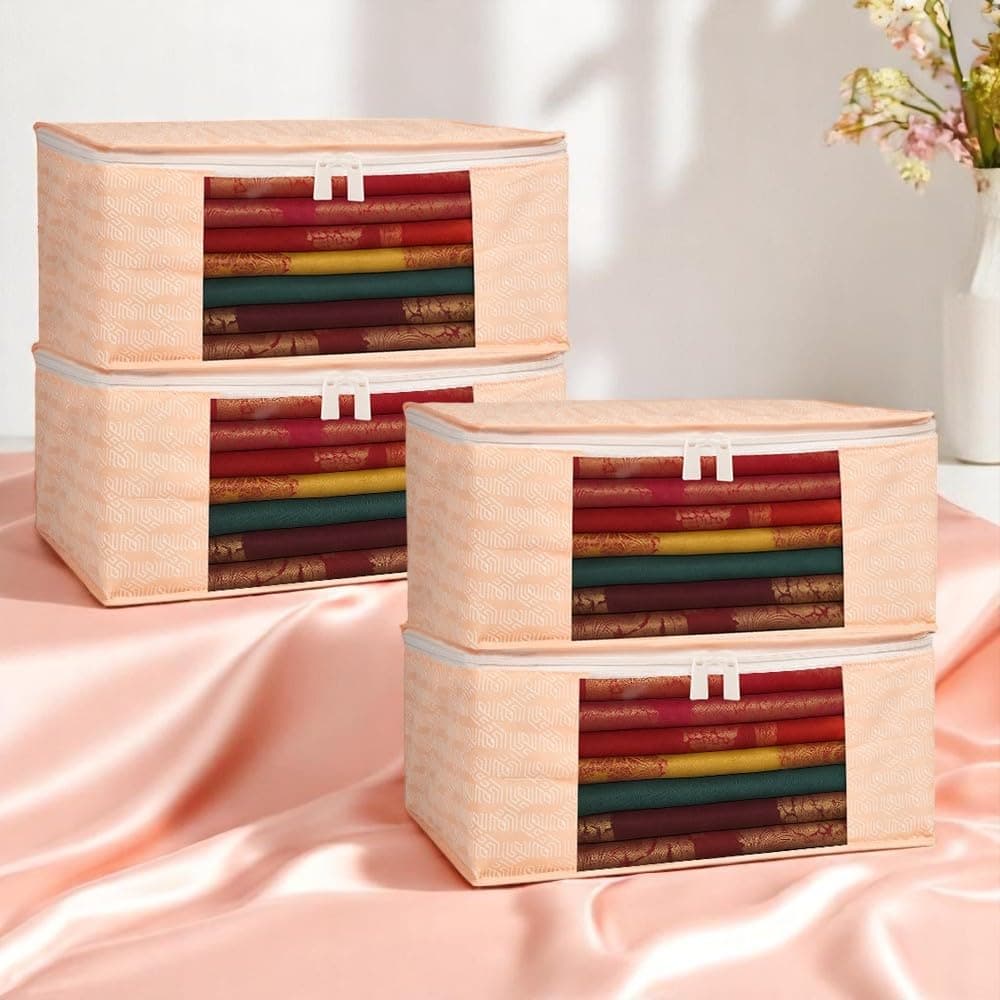 HomeStrap Pack of 4 Saree Cover Bag | Cotton Quilted Storage Organizer with Transparent Window | Foldable Clothes Bag for Sarees,Suits,Bedsheets | Wardrobe Clothes Organizer | Peach,19 cm,41 cm,33 cm