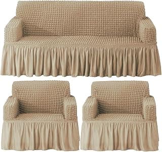 Turkish Bubble Sofa Cover 3 Seater and 2 Seater Fully Covered 5 Seater Sofa Cover Non-Slip Sticky Elastic Stretchable Sofa Set Imported Slipcover Protector (3+1+1 Seater) (Sand Beige)