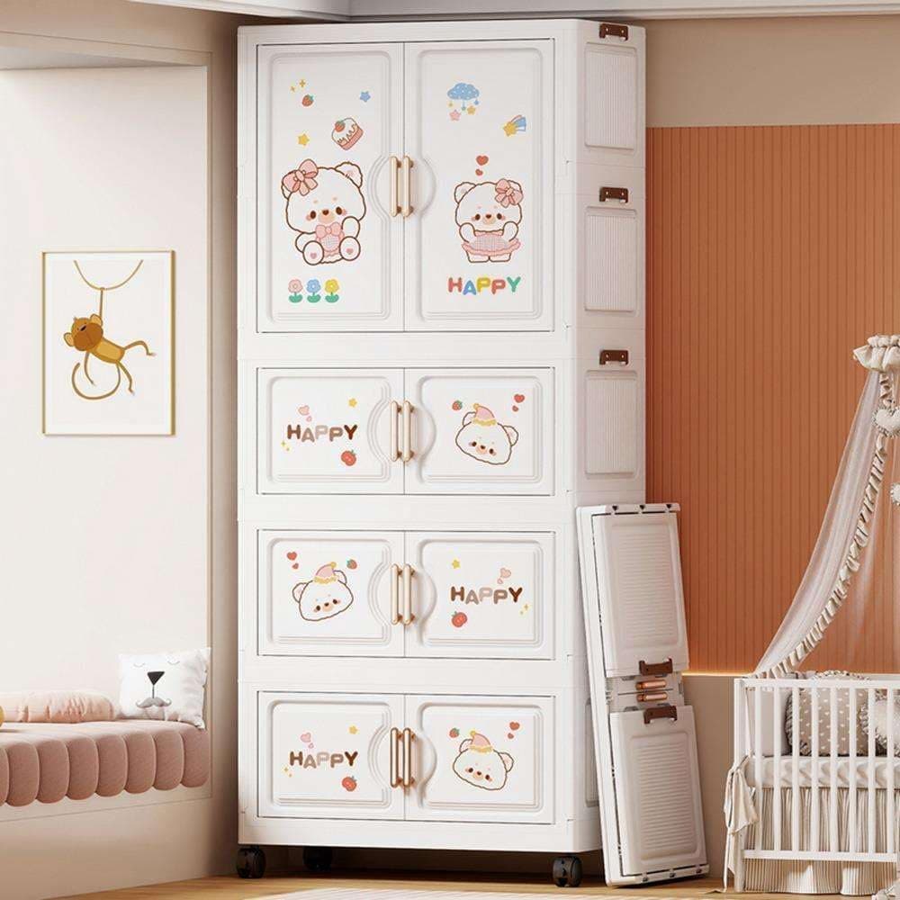 Sunderlook Plastic Wardrobe for Kids Clothes - Standing Desk Premium Comfort Foldable Collapsible Wardrobes for Clothes, Large Plastic Cupboard for Kids, Men and Women (Off White, 4 Door)