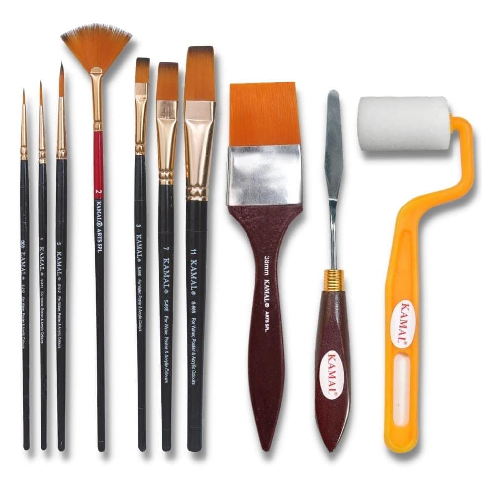 KAMAL Paint Brush Set of 10, Professional, Acrylic & Watercolor | Handmade Set with Brush Holder – Cruelty-Free, Rust-Proof Ferrules, with Smooth Finish 2 Inch Roller & Flexible Pallette Knife