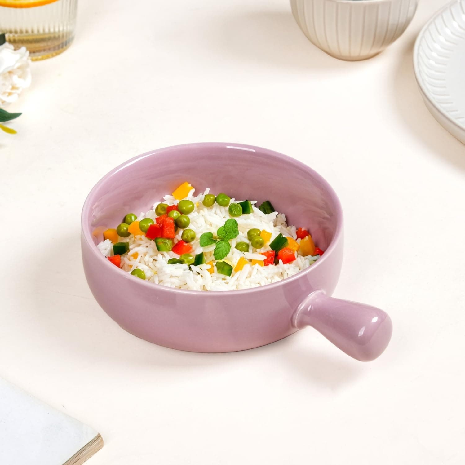 Nestasia Ceramic Purple Snack Bowl with Handle | Microwave & Dishwasher Safe Serving Bowl Perfect for Snacks, Noodles, Salads, Soup, Baking (650ml)