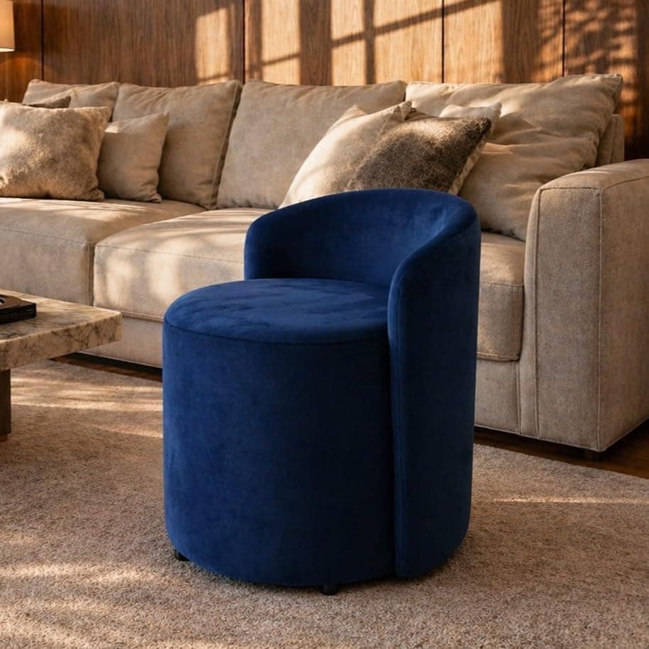 Solid Wood Upholstered Ottoman Stool For Living Room With Backrest | Memory Foam Mudda Puffy Stool for Drawing Room | Sofa Style Accent Chair for Dressing Table & Bedroom | Round Footrest | Blue