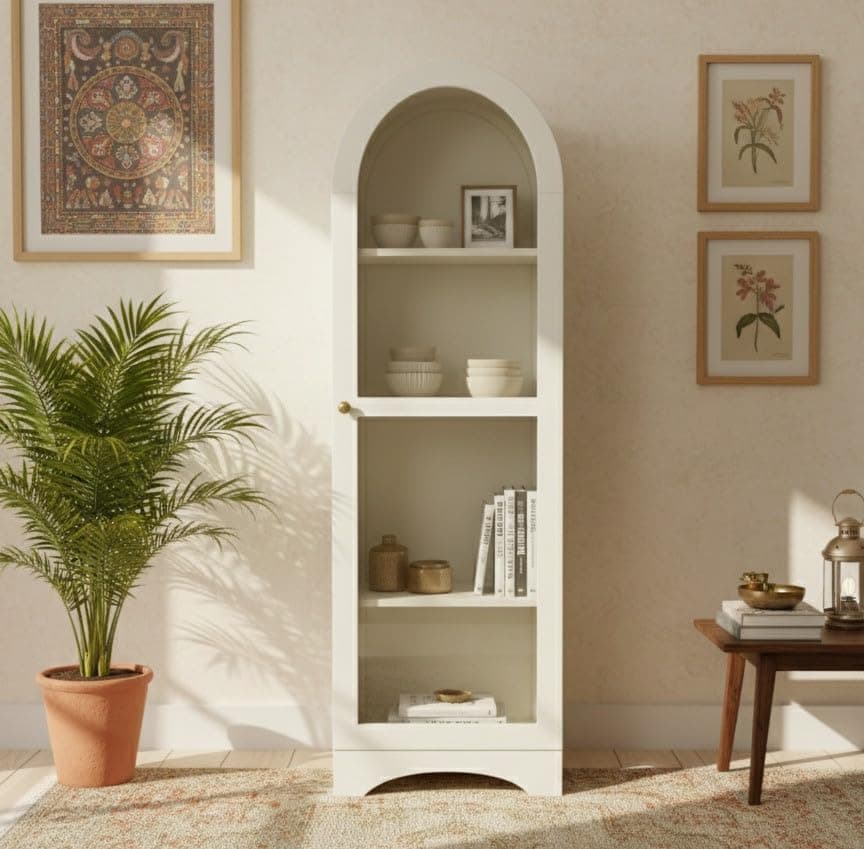 Kraft Bazaar Arched Crockery Cabinet | Glass Cabinet | Solid Wood Book Case | Finish- Premium White