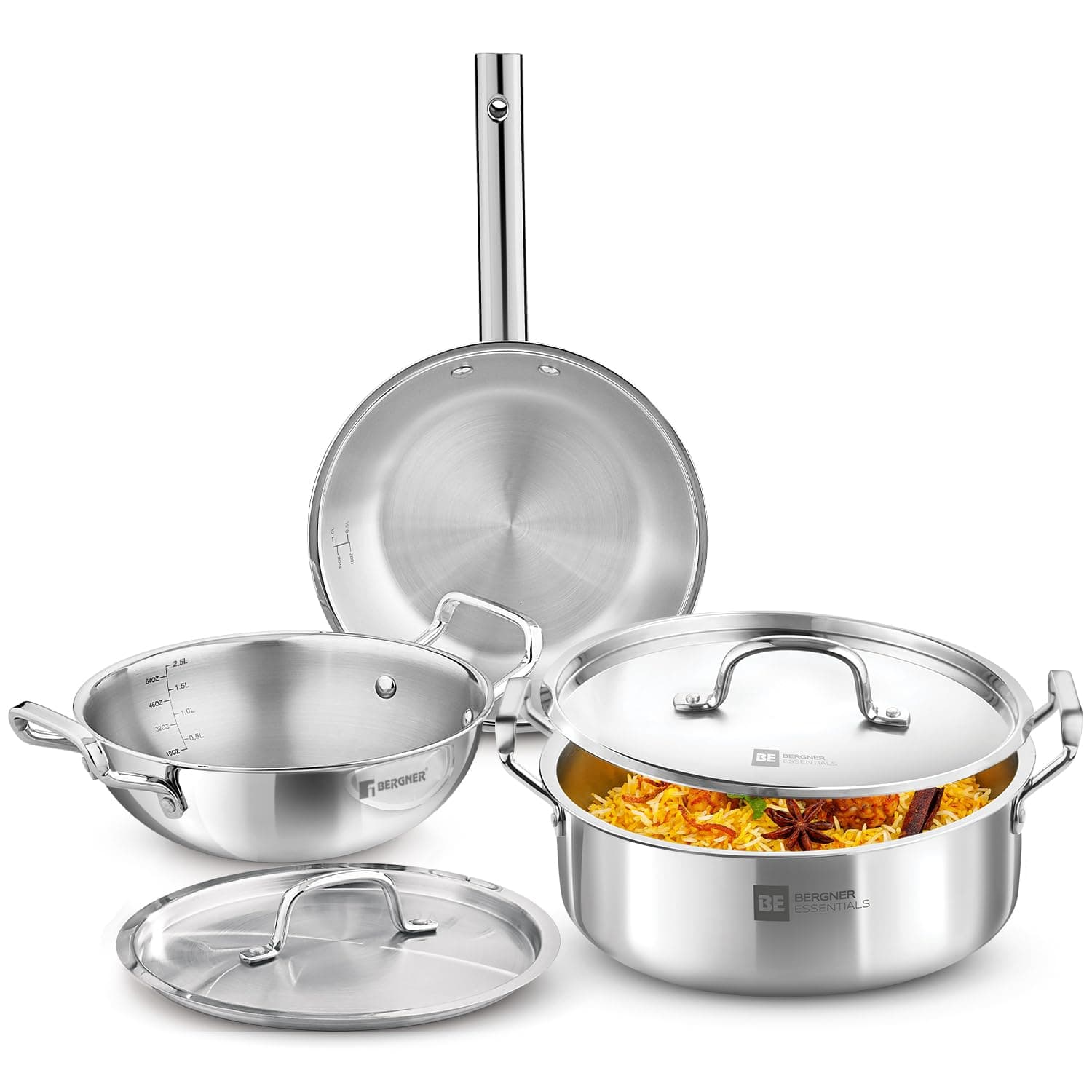 Bergner Tripro BE Essentials 5 Pc Triply Cookware Set - Kadai 24cm/3L with Lid, 22cm/1.5L Frypan, Shallow Biryani Pan 32cm/8.6L with Lid, Less Oil Use, Healthy Cooking - Induction and Gas Stove Ready