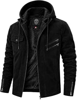 Blaq Ash Men's Suede Biker Jacket, Black, with Removable Hood, Fleece Lined, Zip Closure