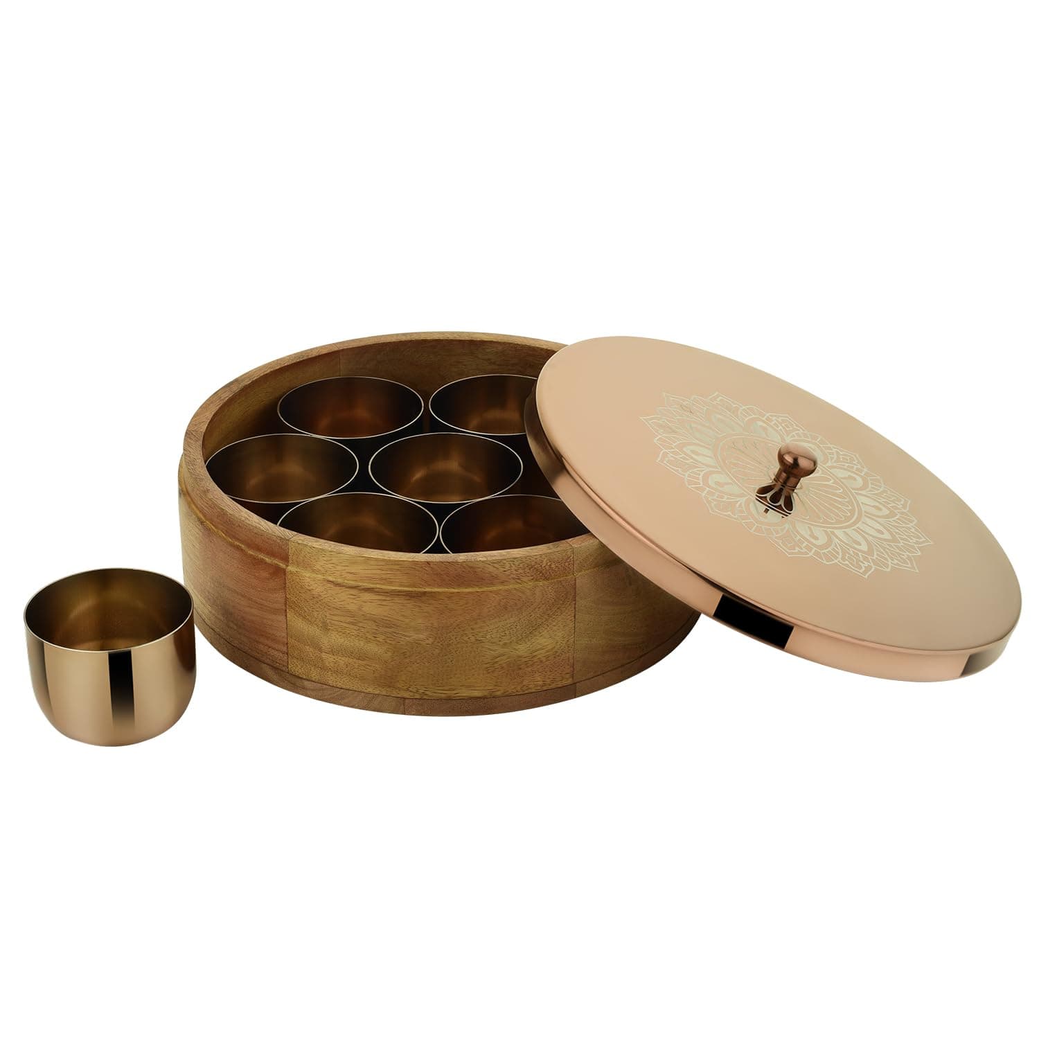 HOMEPRIVILEZ "RAMYA Masala Box/Spice Box/Storage/Organiser for Kitchen, Wooden Stainless steel Masala Box with 7 Jars container(Dia-9 Inch) (ROSE GOLD).