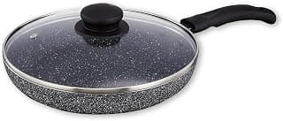 Amazon Solimo Granite Finish Fry Pan with Glass Lid | Induction Base | PFOA Free | High Temperature Resistant Exterior Coating | 22 cm | Grey