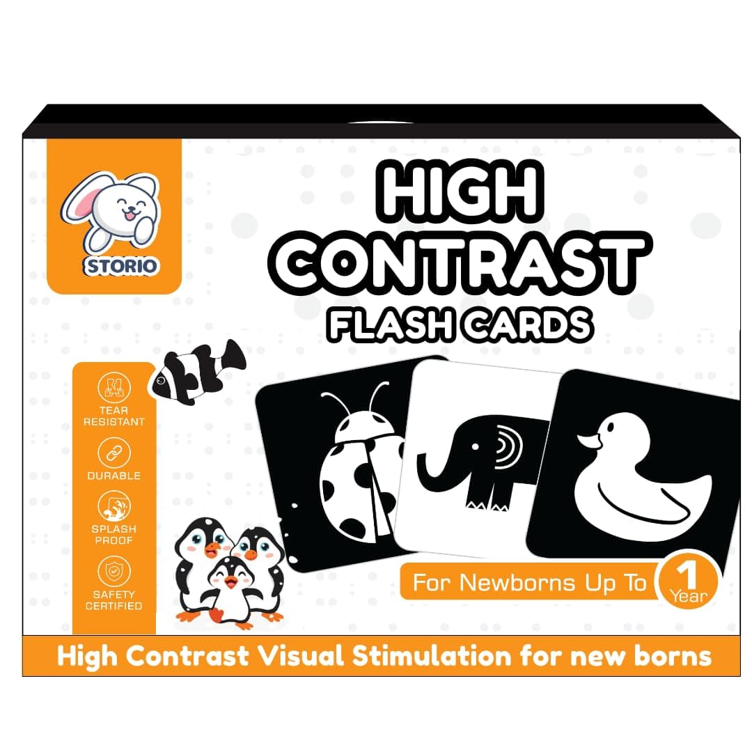 Storio High Contrast Flash Cards for Babies & Infants | Newborn Visual Stimulation & Sensory Development Language_Skills for 0 to 12 Months Kids, 48 Pictures | Best Gift |Travel Friendly