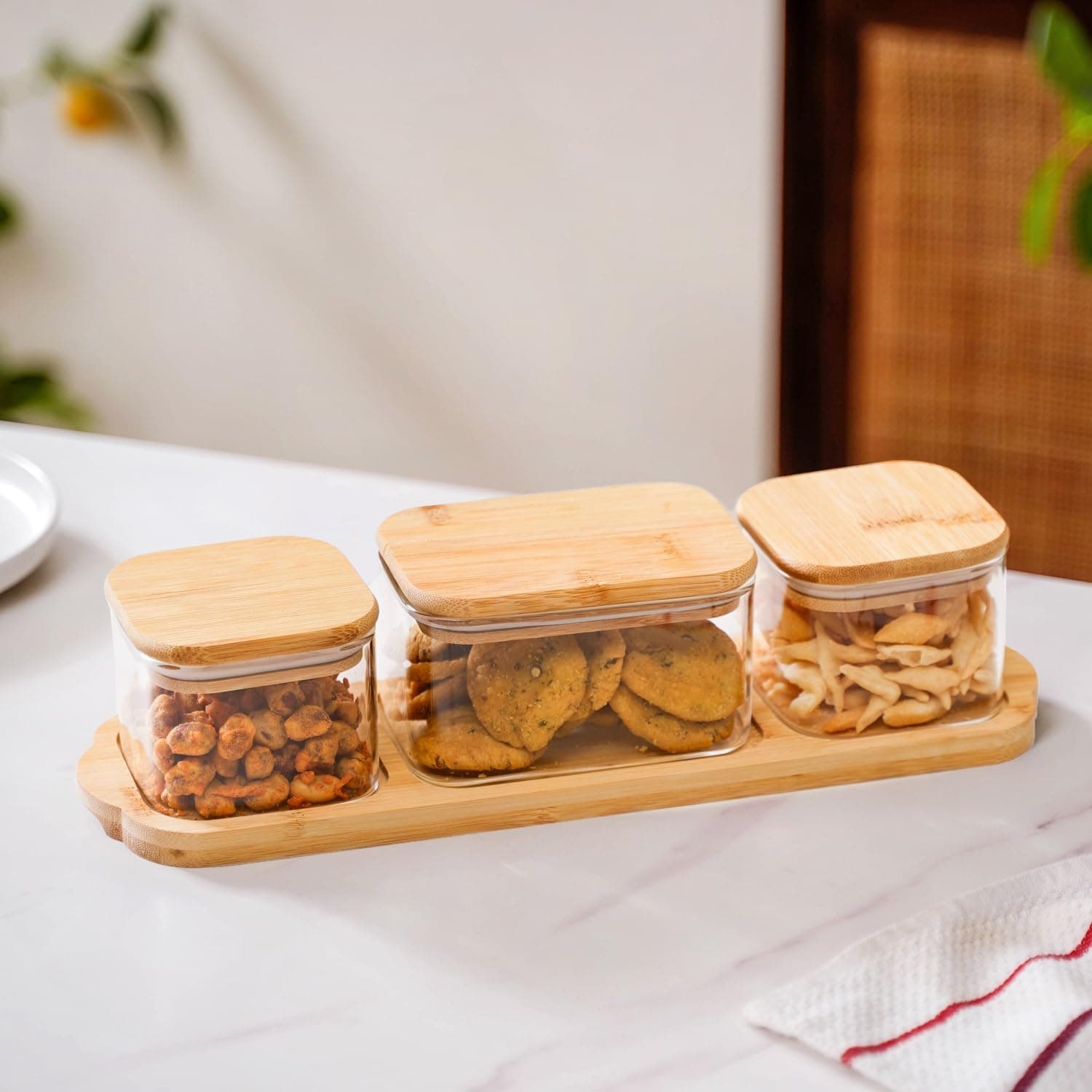Nestasia Set of 3 Borosilicate Glass Snack Jars with Wooden Tray | Stylish Storage Jars with Bamboo Lids for Masala, Dry Fruits, Nuts, and Snacks | Ideal for Home, Kitchen and Gifting