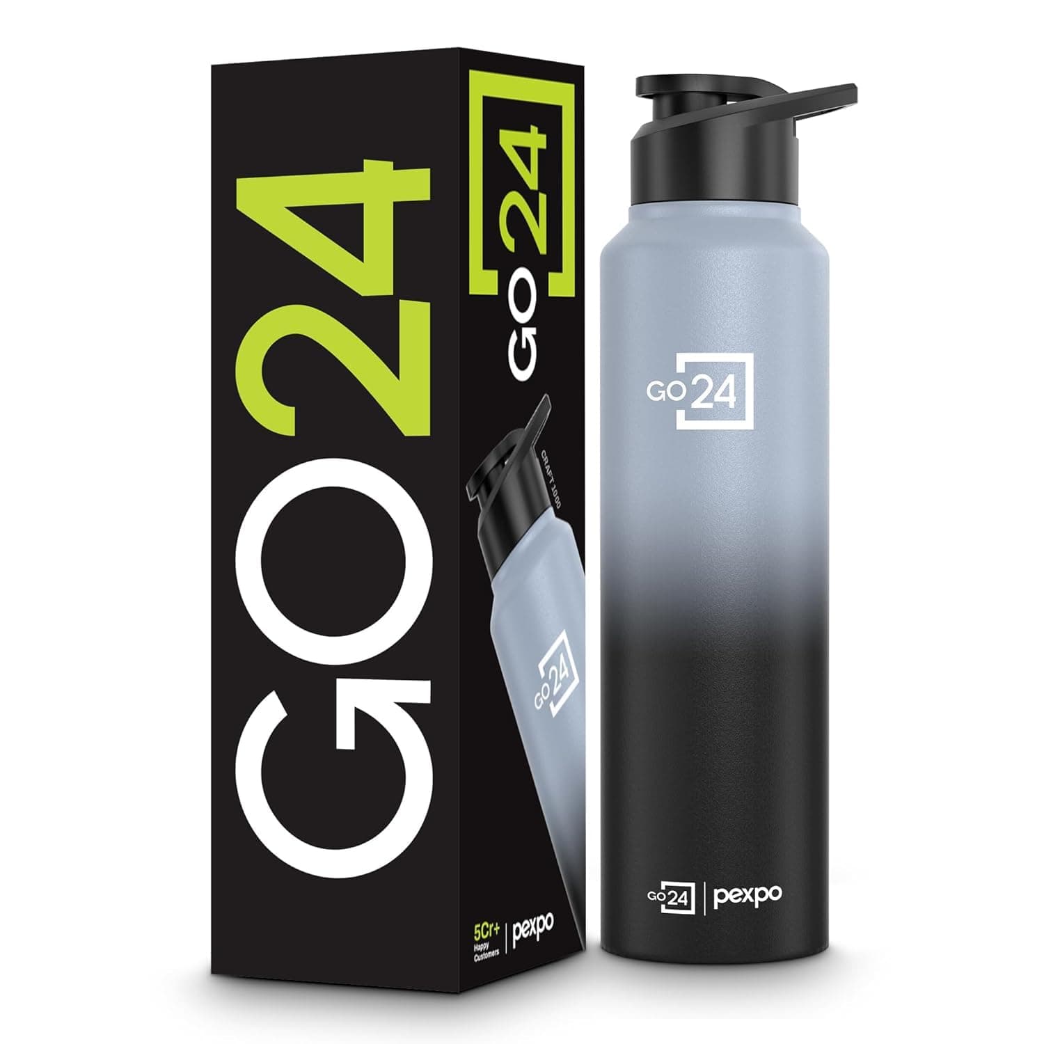 Go24 pexpo Water Bottle 1 ltr Stainless Steel Sports/Fridge Bottle with Sipper Cap | 1-Year Warranty | Single Wall | For Home, Office, Gym | Lightweight | Craft Pro 950ml | Grey - Black Ombre