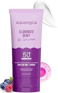 Aqualogica Illuminate+ Dewy Gel Sunscreen SPF 50+ PA++++ with 2% Arbutin-Hyaluron Complex™ & Wild Berries - 80 g | SPF 50+ PA++++ | In-Vivo Tested | New-age Filters | Anti-Pollution Factor | For Luminous & Hydrated Skin | Fragrance-Free & No White Cast | 2% Arbutin-Hyaluron Complex™ & Wild Berries | Broad Spectrum UVA/B & Blue Light Protection | Lightweight | For Men & Women
