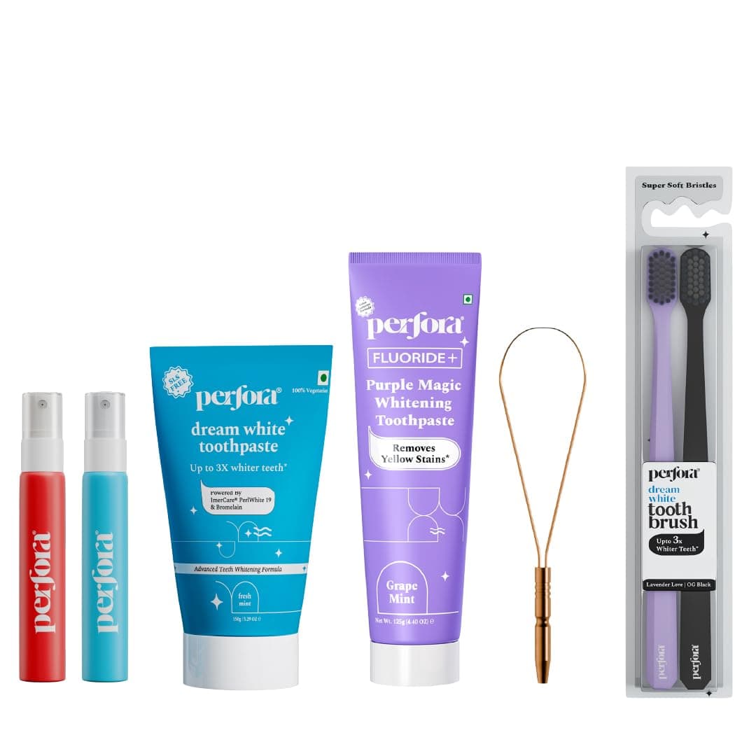 Perfora Purple Care Pack - Dream White Toothpaste (150gms), Purple Magic Teeth Whitening Toothpaste (125gms), 100% Pure Copper Tongue Cleaner, Pack of 2 Refreshing Mouth Sprays & 2 Toothbrushes