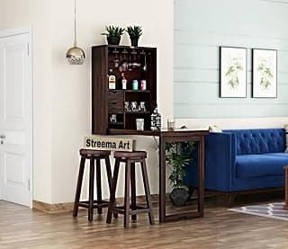Furniture Solid Wood Bar Cabinet with Folding Dining Table for Home | Wall Hanging Design Mini Bar & Table for Living Room (Walnut)