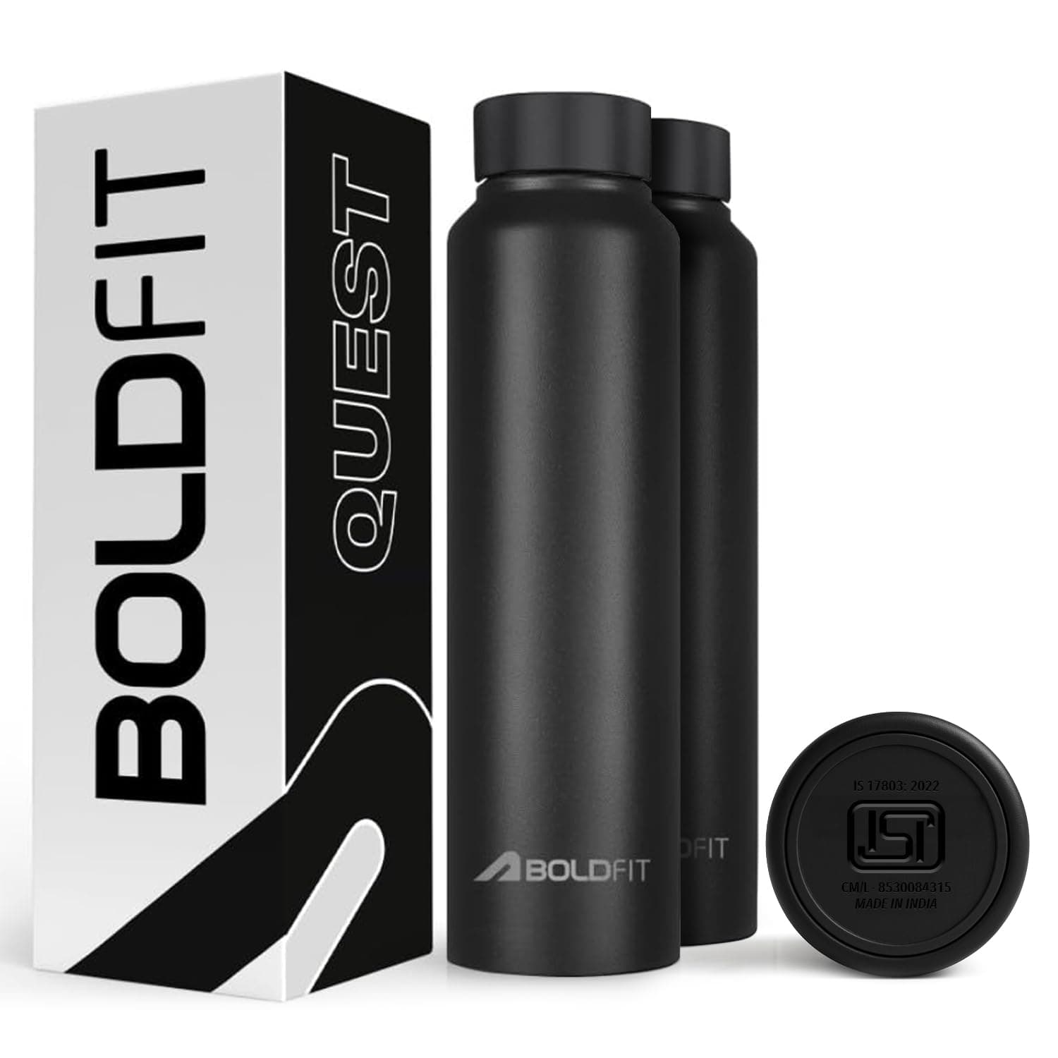 Boldfit Water Bottles Stainless Steel Water Bottle 1 Litre for School, Office, Home, Gym 1 Litre Sipper for Men Leakproof, Rust Free - 1000 ml Black (Pack of 2)