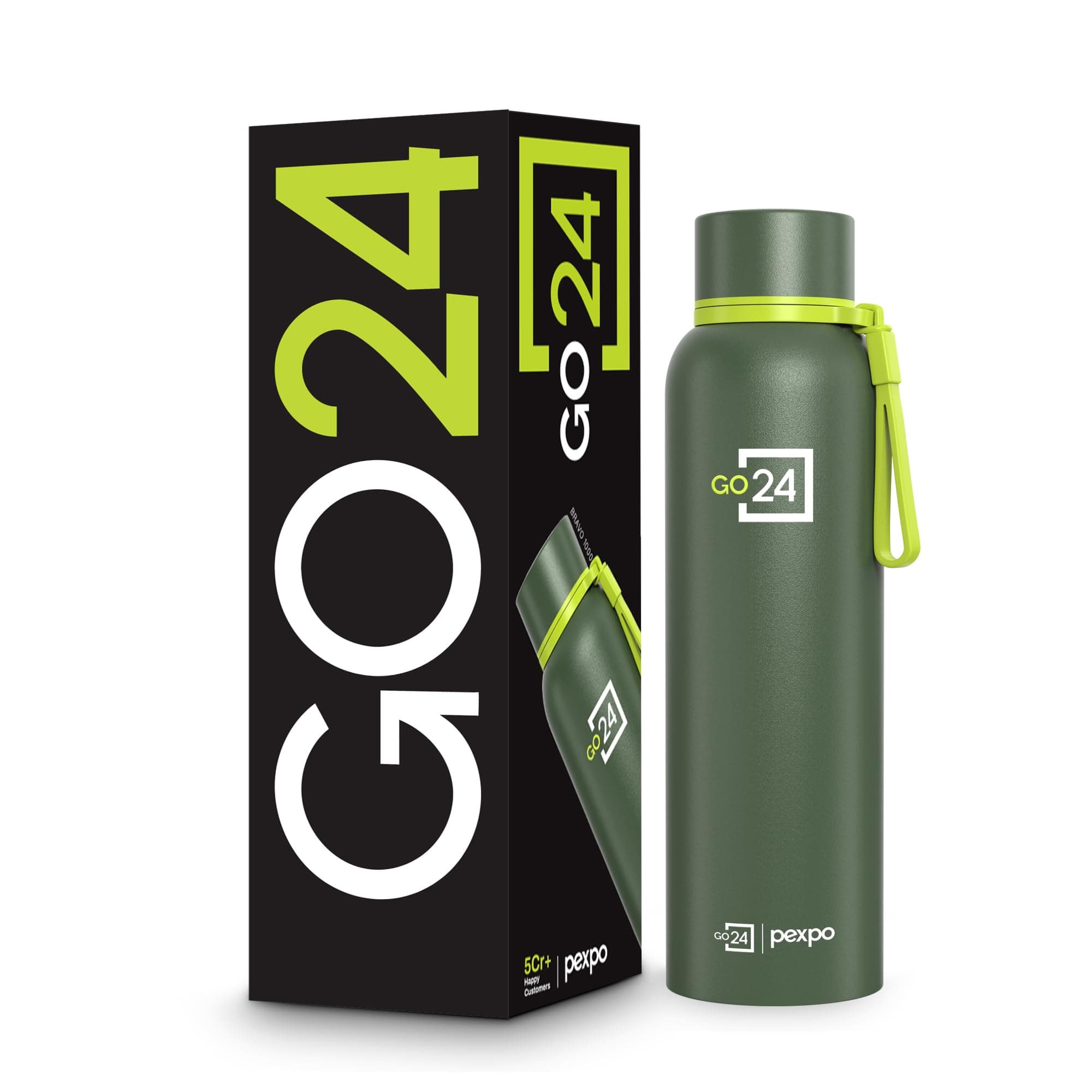 Go24 pexpo Insulated Water Bottle 1 LTR, Stainless Steel Leak Proof Flask, 24 Hours Hot & Cold, BPA Free Bottle for Gym, Office, Travel, 2-Year Warranty |Bravo 1000| Military Green