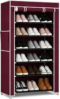 EASY BUY Economy Shoe Rack for Home with Cover Maroon, Plastic Rack 6 Shelves with Zip Door Cover & Side Pocket, Dustproof Storage Organizer for Footwear, Toy, Shoe Rack Plastic, Slipper Stand
