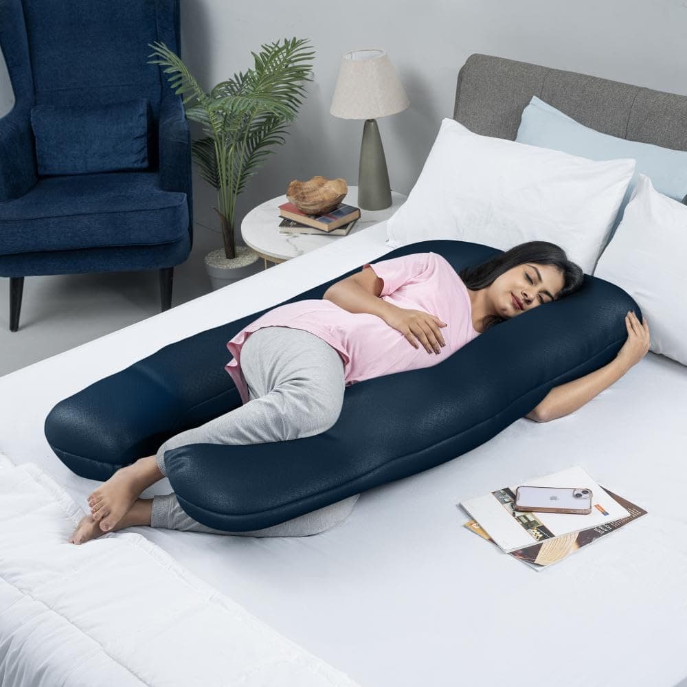 Wakefit Pregnancy Pillow | 3 Month Warranty | 100% Cotton J-Shape Maternity Pillow for Pregnant Mothers, Pillow for Pregnant Women with Breathable & No Heat Fabric | Navy Blue