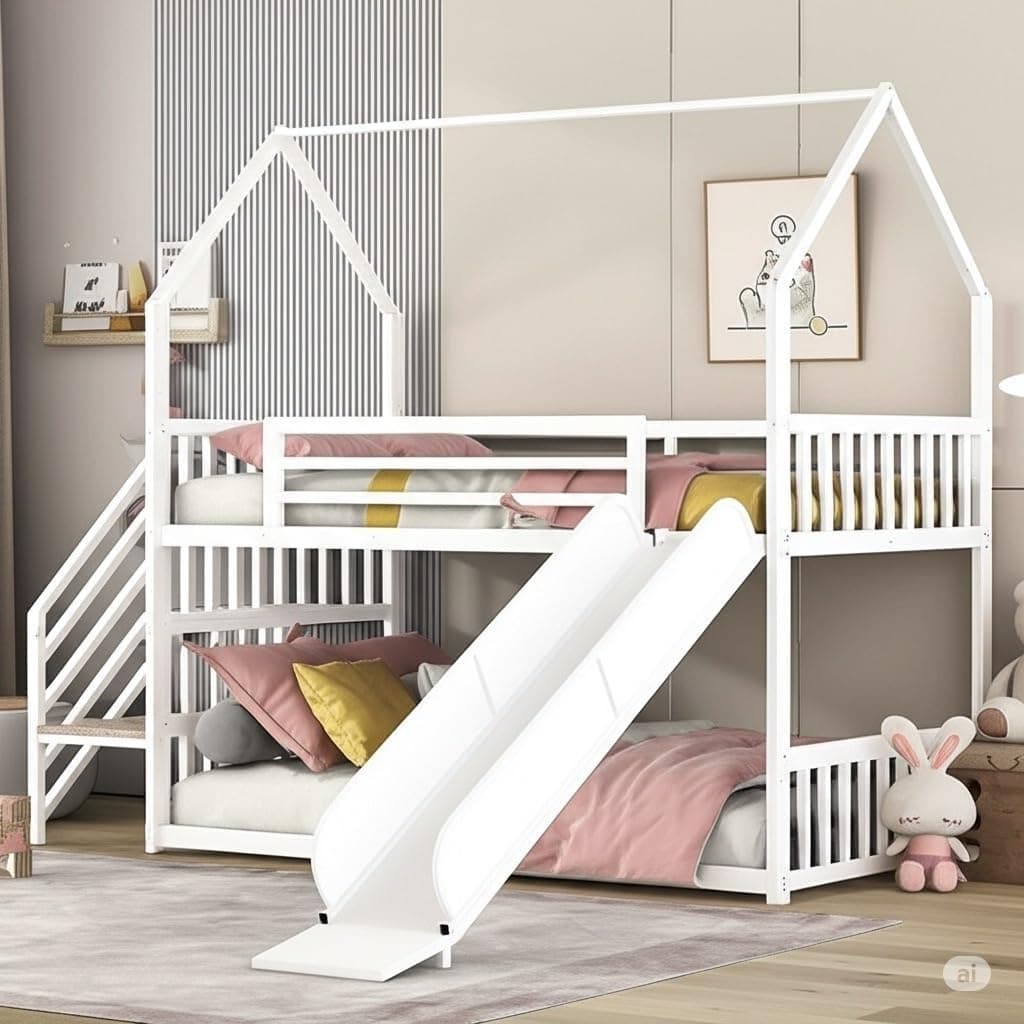 Rask Wood Metal Twin Over Twin Bunk Bed with Slide, Ladder and Guardrails for Kids Bedroom | Heavy Duty Frame | White | 75" x 39" x 78.7"