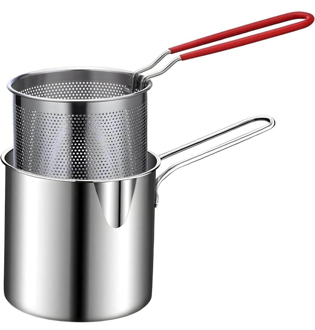 dyzeko 1set Stainless Steel Deep Fryer Pot Set - Multi-Purpose Frying Pot with Strainer for Fries, Hot Milk, Hot Tonic - 1200ml Capacity, Oil-Saving, Induction Cooker Compatible, Easy to Clean