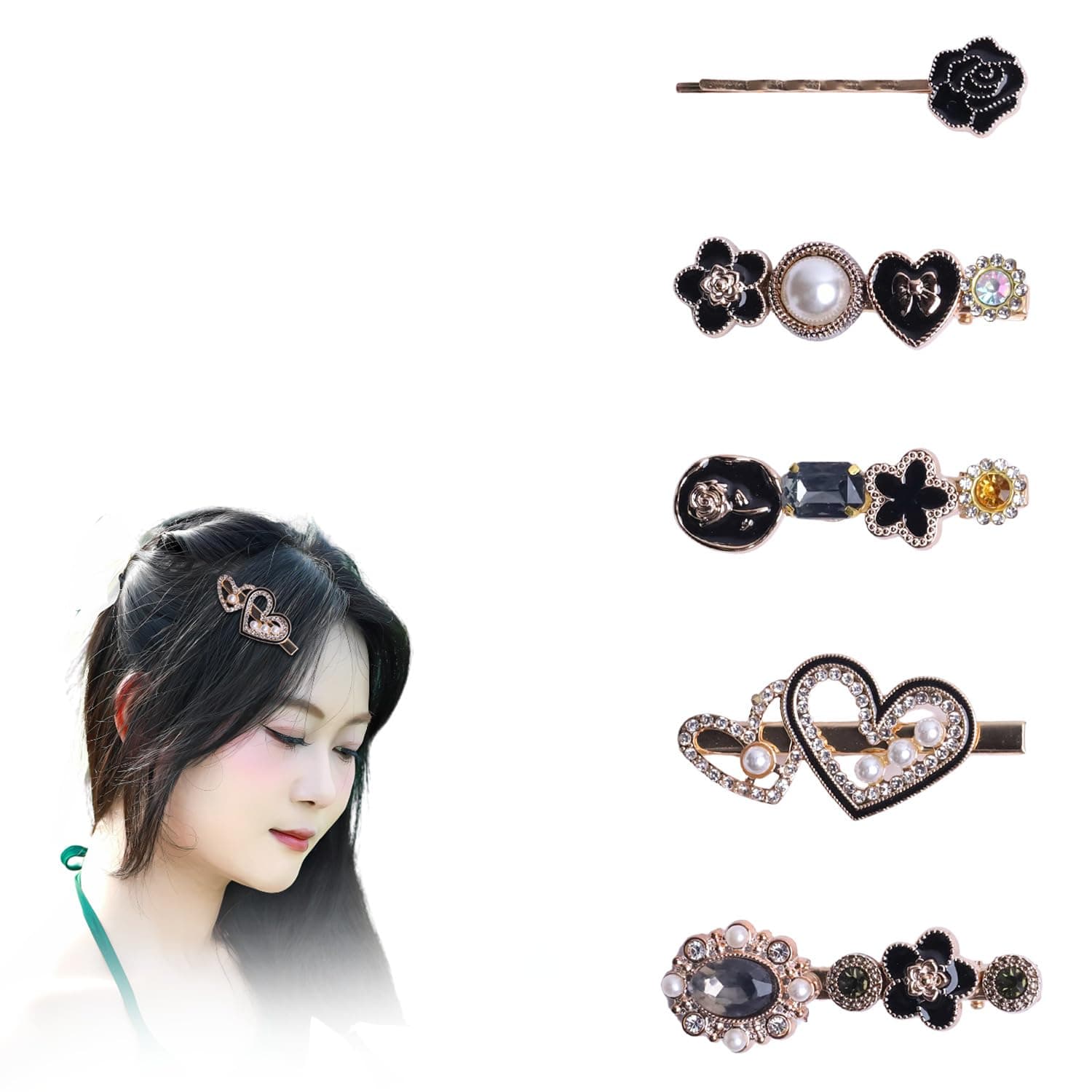 RedChimes 5 Pcs Hair Clip Fashion Style Flower Lock Pin Rhinestone Metal Hair Pins Stylish Hair Accessories For Women And Girls Assorted Design (Black)