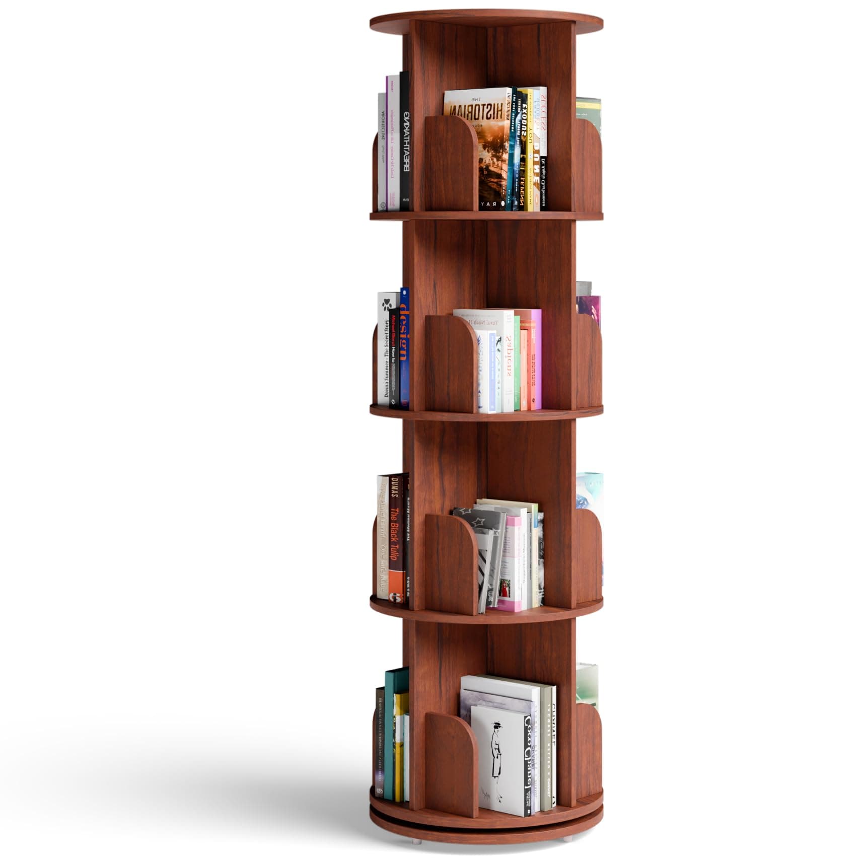 Rocco 360° Rotating Bookshelf | Engineered Wood Free Standing Round Bookcase | Moisture & Scratch Resistant Matte Finish | Book Storage Rack for Bedroom, Living Room, Library (Teak Brown, 4-Tier)
