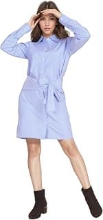 M.I.H.A.M.I Dreamy Stripes - Breeze [Women Western Dress] | Knee Length Western Midi Dress | Stripe Overshirt for Women | Blue and White Shirts for Women