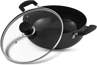 Vinod Black Pearl Hard Anodised Non-Stick Deep Kadhai with Glass Lid, 1.6 L (18 cm) | 3.25 mm Thick Body, Metal Spoon Safe, Riveted Handle, Healthy Cooking, Less Oil Use, Easy to Clean | 2 Yr Warranty