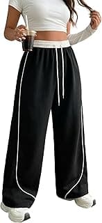 Generic Women's Wide Leg Cargo Pants, Black with White Contrast Piping, Elastic Waist Drawstring