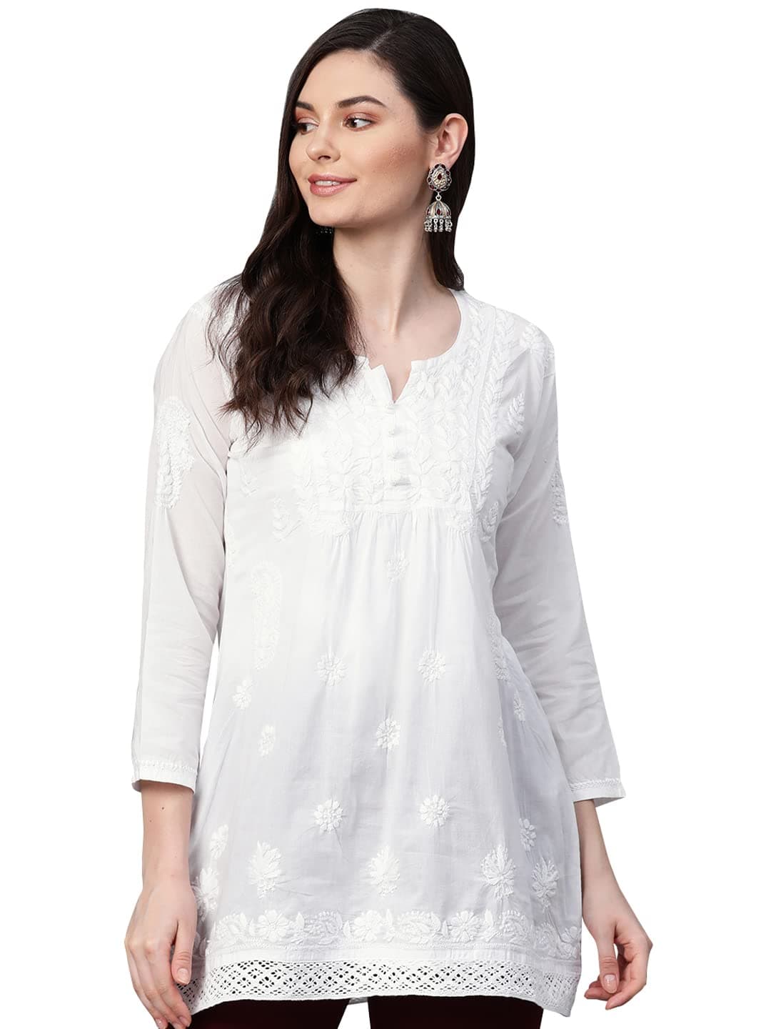 Ada Hand Embroidered Lucknowi Chikankari Cotton Top for Women A208704 | Lucknowi Short Kurta Kurti Tunic Casual Wear Ethnic Wear Chikan Work Straight handcrafted top Kurti for Office